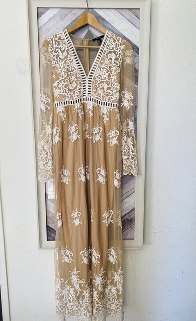 FOREVER 21 EMBROIDERED Lace Maxi Dress Beige Lace Sheer Nude