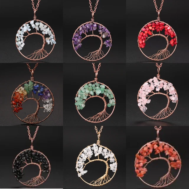 Pendant Necklace Natural Gemstone Tree of Life 7 Chakra Healing Crystal Charm