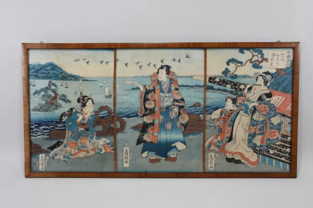 J74Y54- Japanischer Farbholzschnitt, figürliche Szene an der Küste, Kunisada(?)