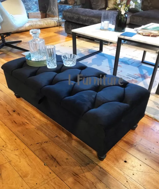 Ottoman Pouffe Wooden Chesterfield Velvet Feel Footstool With Storage - Black