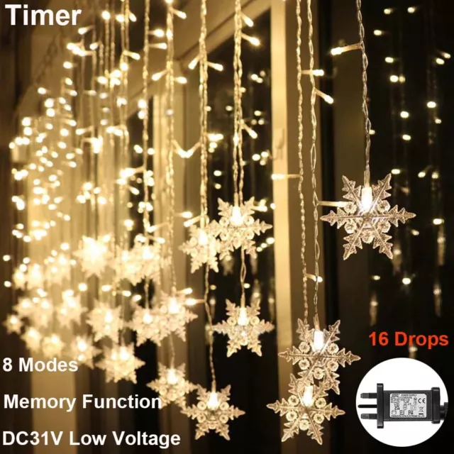 Christmas Icicle Fairy String Lights Mains LED Snowflake Curtain Lights Outdoor