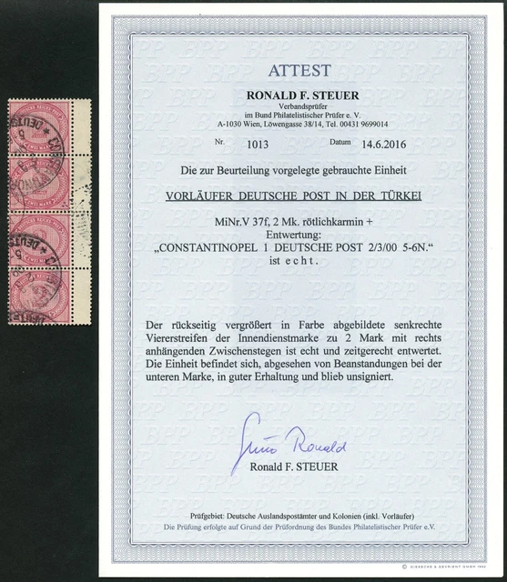 DP Türkei 1900 Innendienst V 37 f Viererstreifen mit Stegen o Attest BPP / 7