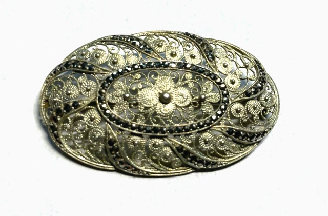 Broche Ancienne Art Nouveau En Argent Filigrané Et Malachite - Bijou Vintage Occasion - Bon état