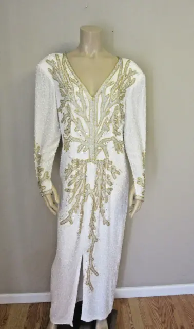 Women's Full Length White 100% Silk Beaded Gold and White Evening Dress Size 14