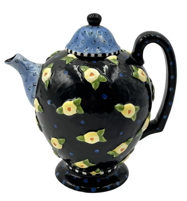 Vintage Mary Engelbreit Teapot 8" Black Blue Yellow Button Flowers Whimsical