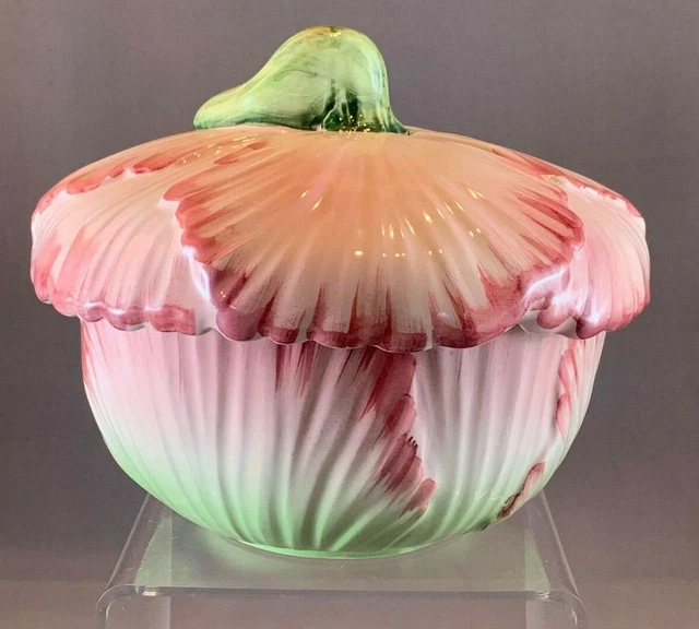 Vintage Italian Majolica Art Pottery Scalloped Pink & Green Covered Bowl, 6” 3