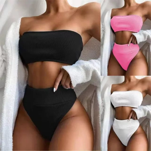 Women 2pcs Solid Color Bikini Set Strapless Ribbed Bandeau Thong Swimsuit