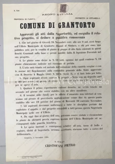 1898 GRANTORTO Cittadella Sindaco Cristofani Pietro Padova Politica Manifesto