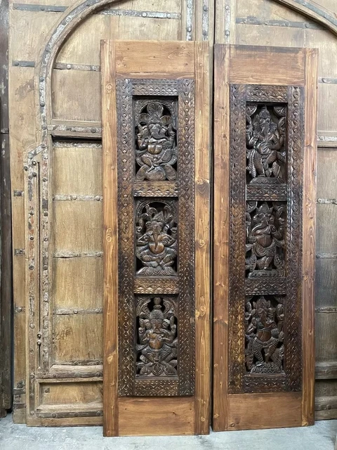 Pair Vintage Ganesha Sliding Barndoor, Carved Barn Door, Ganesh Temple, Indian
