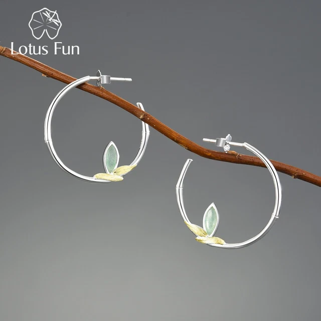 Naturalism Aventurine Green Stone Bamboo Leaves Hoop Earrings Solid 925 Silver