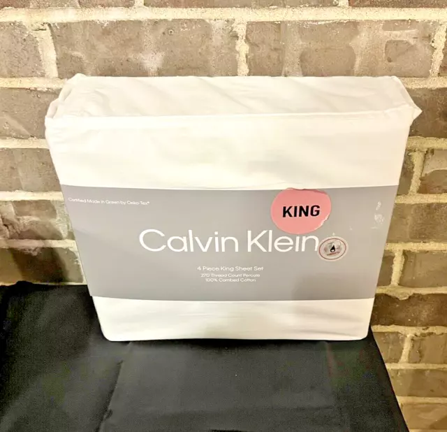 Calvin Klein 100% Combed Cotton 4 pc KING SIZE Sheet Set 270 TC Solid White NEW