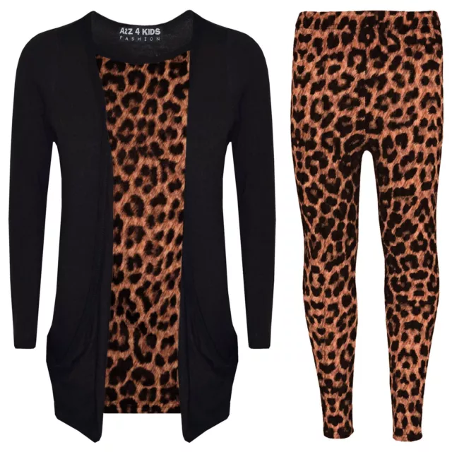 Girls Top Kids Leopard Print Stylish Cardigan & Fashion Legging Set 7-13 Years