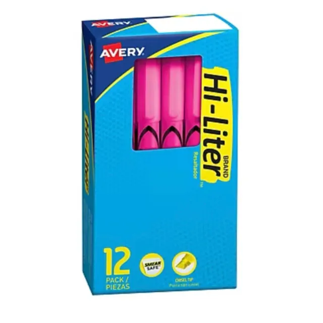 Avery HI-LITER Pen-Style Highlighter, Chisel Tip, Fluorescent Pink Ink, 12 *NEW*