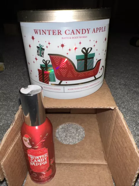 Bath & Body Works WINTER CANDY APPLE 3 Wick Candle Sleigh & 1.5 Oz Spray