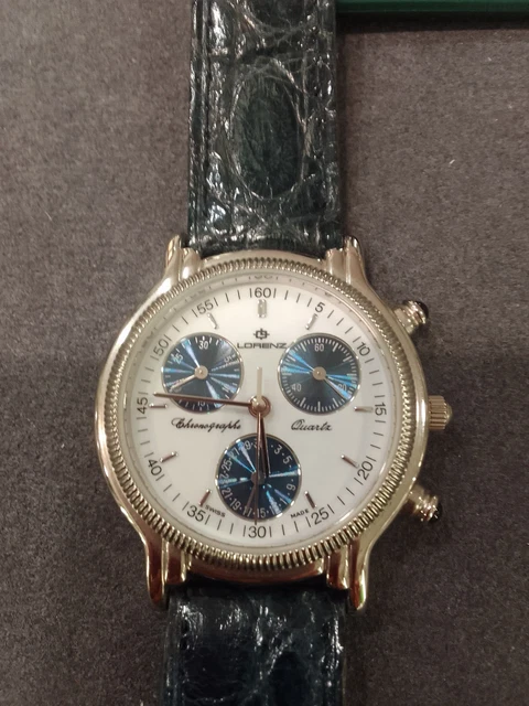 Orologio Lorenz Chronograph vintage anni 90, small, acciaio, pelle verde/blu
