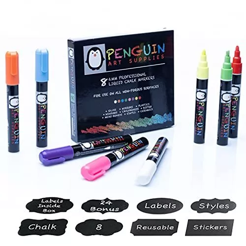 Fine Tip Liquid Chalk Markers Set of 8 3mm Whiteboard Windows Glass 24 Stickers