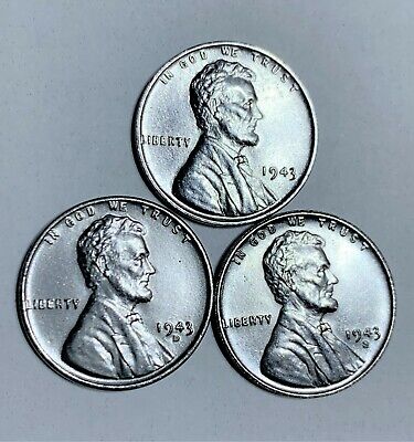 1943 P D S Lincoln Wheat Cent Steel Penny 3 Coin Set Very Nice Looking Coins