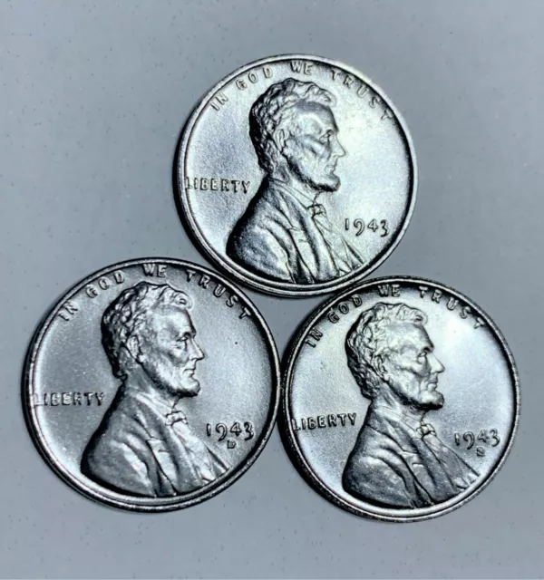 1943 P D S Lincoln Wheat Cent Steel Penny 3 Coin Set Very Nice Looking Coins