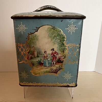 Vintage Tea Tin With Lid BLUE Victorian ￼Scenes made in England￼