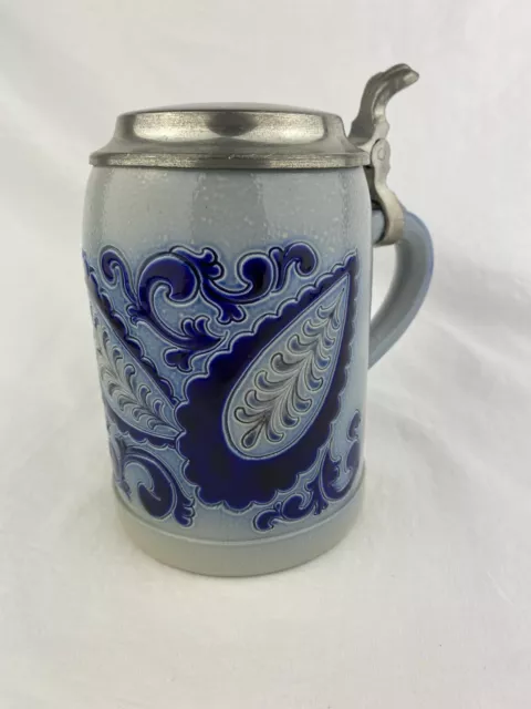 German Salt Glaze Cobalt Blue Ceramic Pewter Lid Stein Mug Numbered Signed