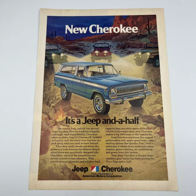 New Jeep Cherokee 1974 Vintage Print Ad 8"x11" a Jeep and a half illustrated ad