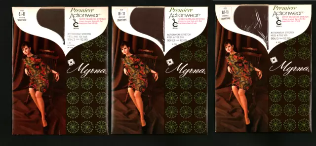 3 PAIRS Myrna Actionwear 1960s Stretch Garter Stockings Taupe Sz 8 1/2-11 Ave