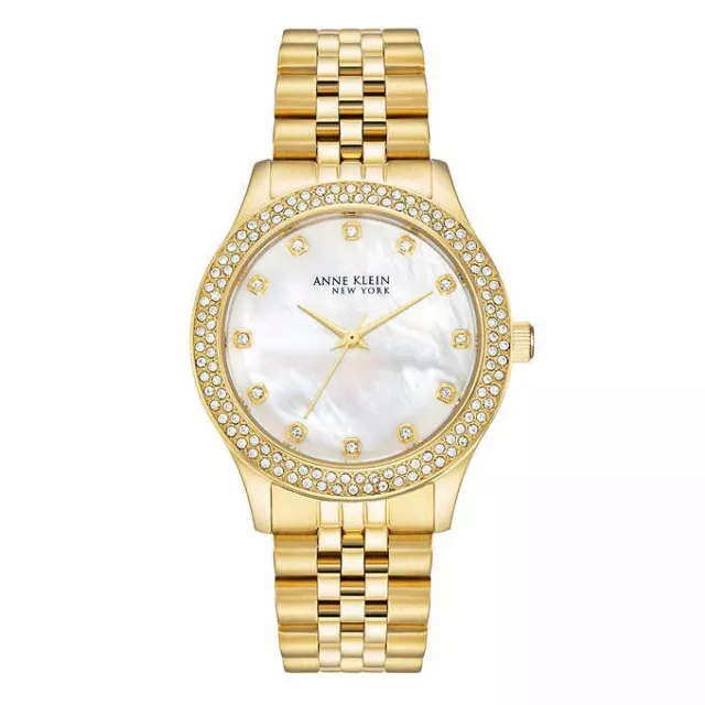 Anne Klein New York All Stainless Steel Gold-Tone Watch with Mother-of-Pearl Dia