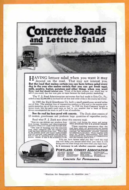 1919 Print Ads Portland Cement Concrete Roads Lettuce Salad and Quaker Oats