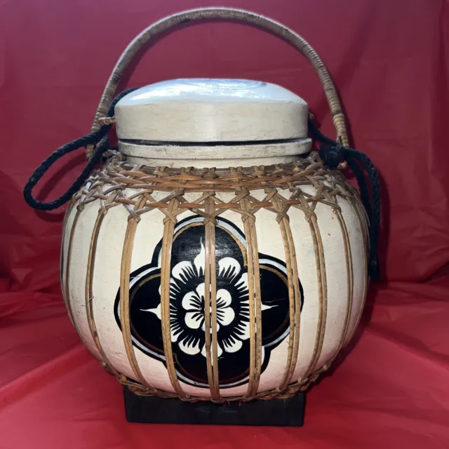 Vintage Thai Bamboo Rice Basket Hand Made Floral Large 11”X9” Boho Decor