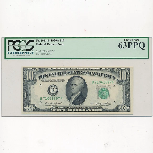 1950A $10 Ten Dollar Federal Reserve Note Bill Fr. 2011-B - Pcgs 63Ppq- Free S/H