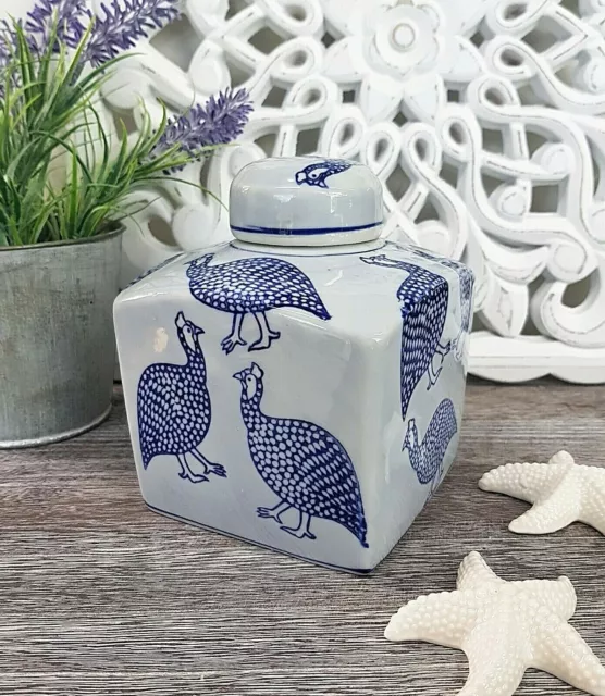 Hamptons Blue White Jar Sml Square 14cm Guinea Fowl Coastal Provincial Country