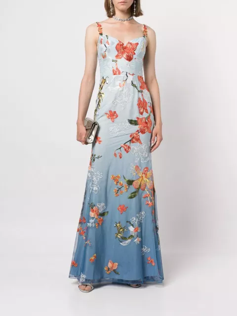 $895 NEW Marchesa Notte Mermaid Gown Floral Embroidery Dust Blue Dress  10 12