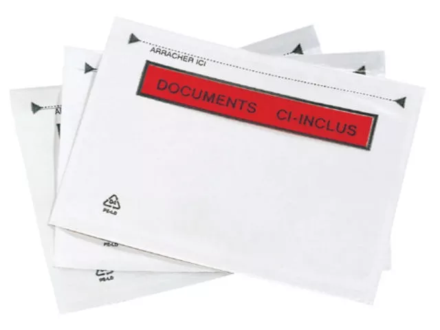 100 POCHETTES ADHESIVES DOCUMENT CI INCLUS 220x110 M/M  AUTOCOLLANTES A4 EN 3