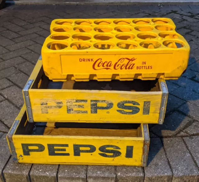 Vintage Pepsi Cola Wood Delivery Crate Box & Coca-Cola Plastic Holder
