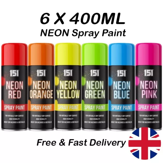 6 Packs Neon Spray Paint All Purpose Aerosol Primer Gloss Metal Plastic 400ML