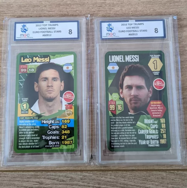 Lionel Messi x2 Graded Top Trumps Cards 2012 & 2016 MGC 8 Euro Football Stars