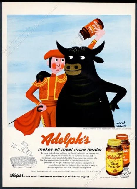 1954 Herve Morvan bullfight matador bull art Adolph's meat tenderizer print ad