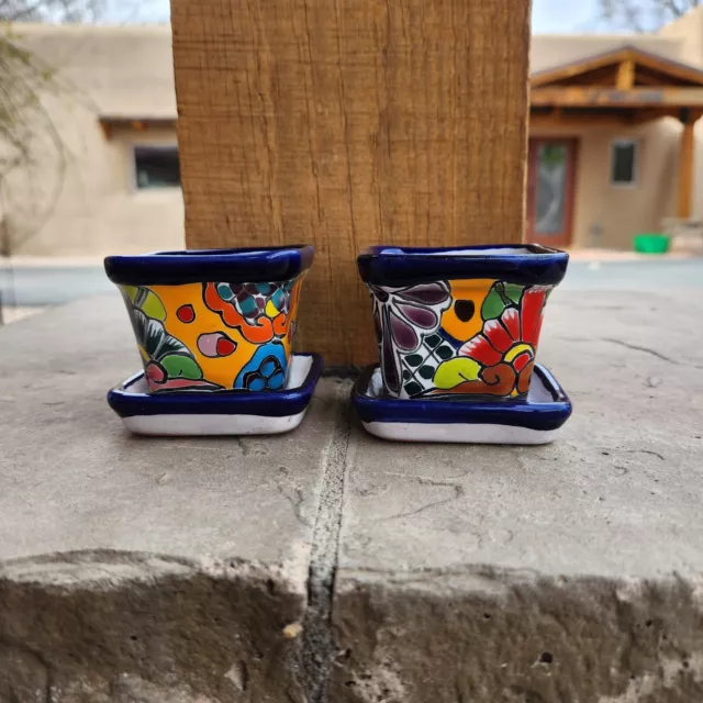 Talavera square Mini Planters with saucers Mexican Handmade Pottery Folk Art