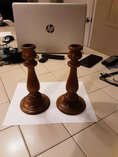 PAIR Solid Turned Oak Wooden Candlestick Holders FREE SHIP