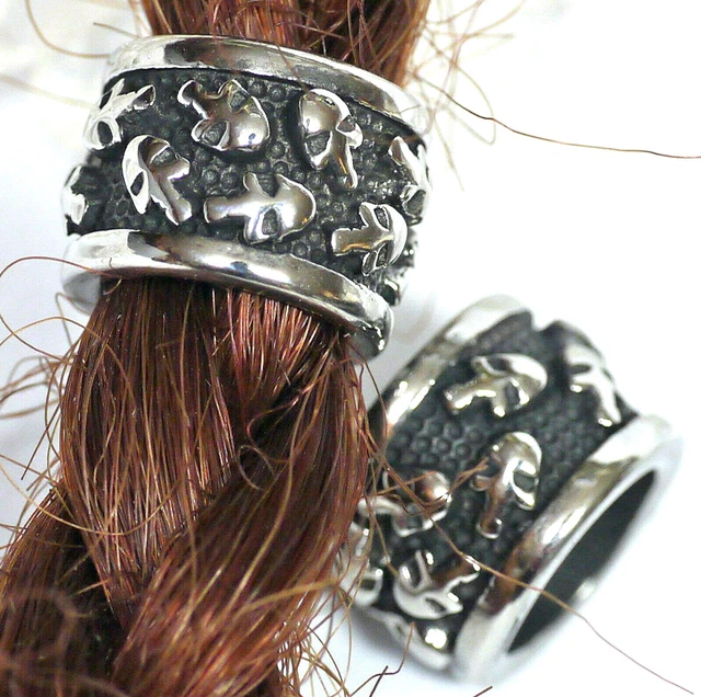 2x Bartperle Loch 8mm SKULL Totenkopf Bartschmuck 316 Edelstahl +- Bartgummis
