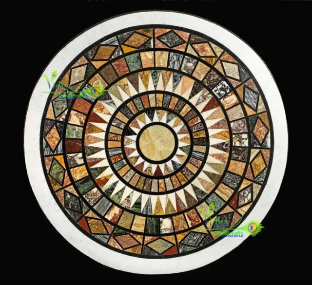 2' White Marble Table Top Round Dining Table Multi Stone Mosaic Inlay Home Decor
