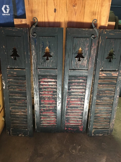 antique wood shutters with tree cutout, set of 4, size 47" x 12", hardware incl.