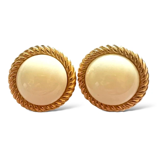 Vintage Monet Gold Tone Clip-On Earrings - White Button Enamel - Pre 1955