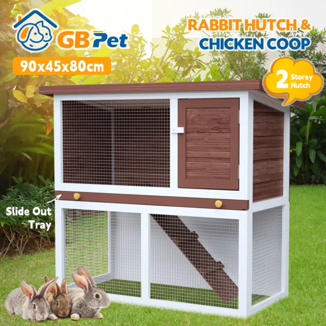 Rabbit Hutch Chicken Coop 2 Storey Hutches Large Wooden Cage Outdoor Pet House