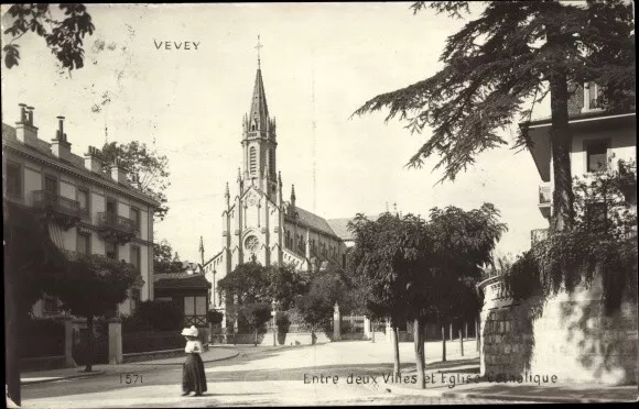 Ak Vevey Kanton Waadt, Entre deux Villes et Eglise Catholique - 3831460