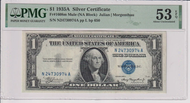 Fr 1608m 1935A Mule $1 SC N24730974A bp 650 PMG 53EPQ 1935-A