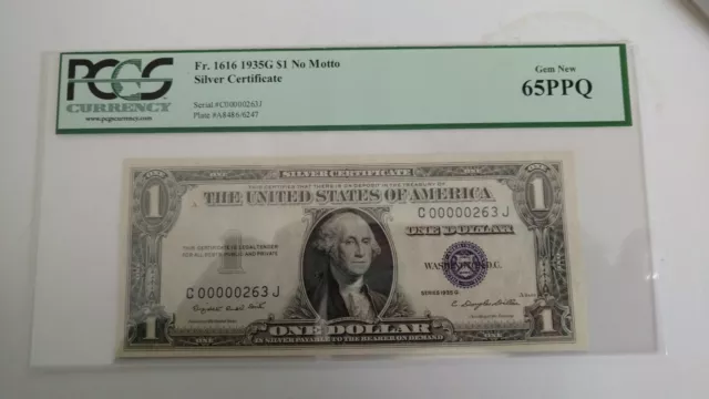 FR-1616 1935G $1 No Motto SILVER CERTIFICATE LOW SERIAL # C 00000263 J PCGS 65PP