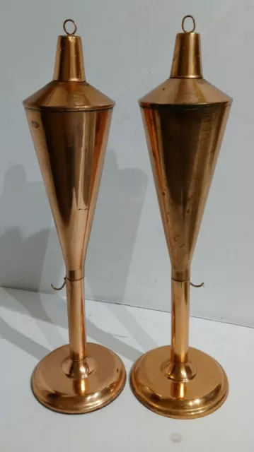 Vintage 15" Tall Pair Sleek Mid Century Modern Copper Oil Burning Torch Lamps