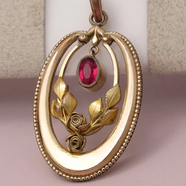 Vintage Art Deco Rose Flower Gold Filled Red Glass Paste Pendant