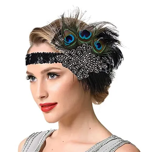 Crystal Feather Headband Peacock Flapper 1920s Headpiece Great Gypsy Sequins Bea